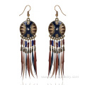 Wholesale Beaded Style Beach Gilded Hoop Feather Earrings